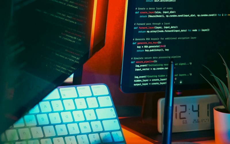 Multi monitor developer workspace with illuminated keyboard and source code on screens