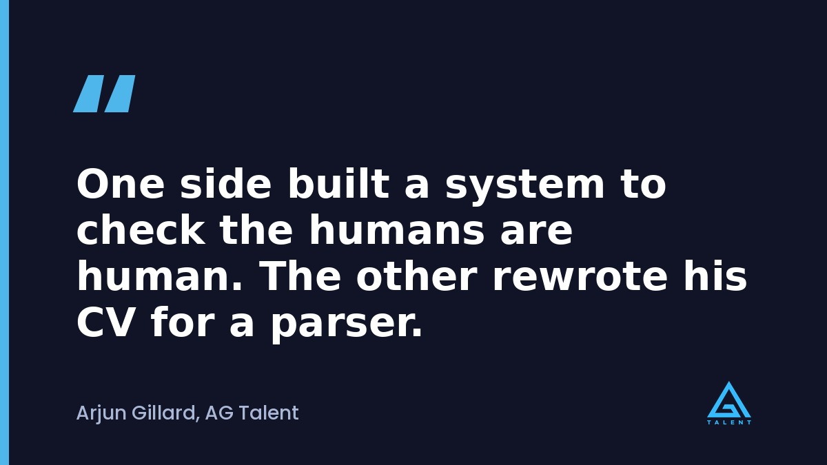 Pull quote reading He rewrote his CV to satisfy a parser rather than a human, on AI screening in engineering hiring