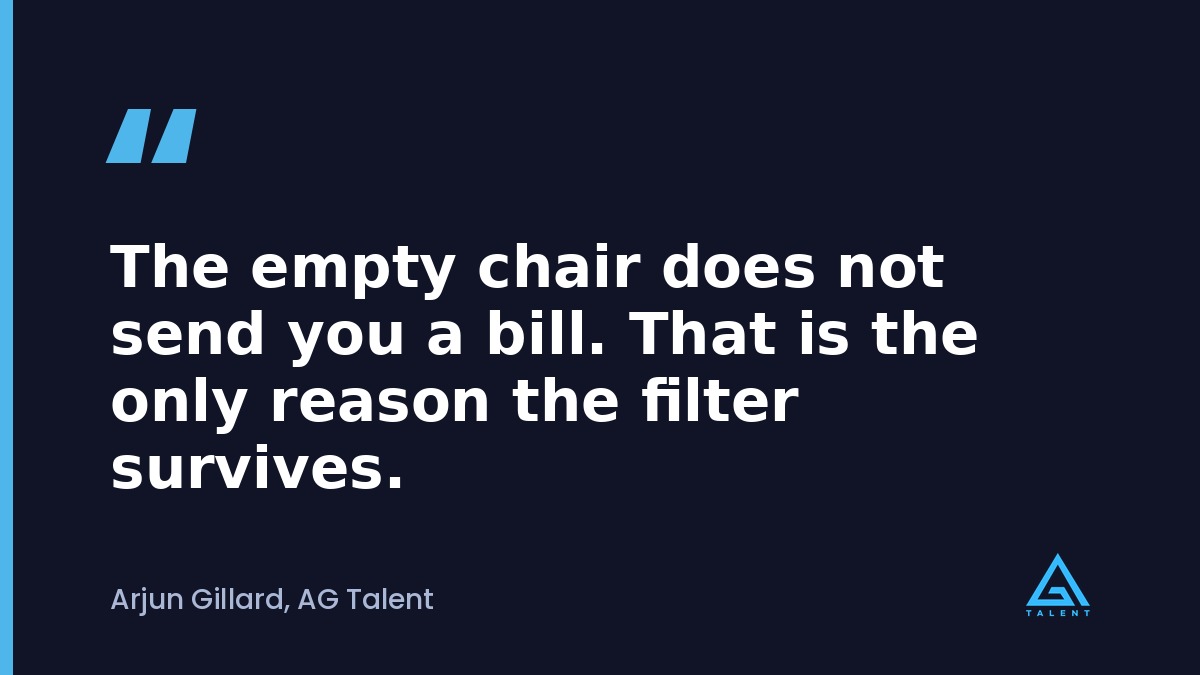 Pull quote reading The empty chair does not send you a bill, on the cost of exact stack hiring filters